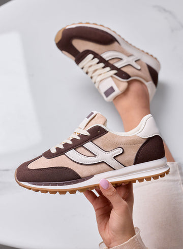 MONICA - Brown sneakers with cream inserts and laces