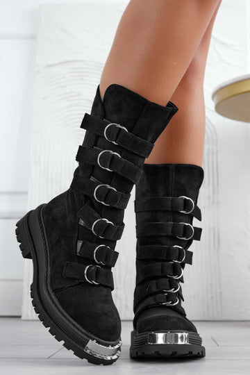 Bottines noires style militaire avec boucles et plaque argentée