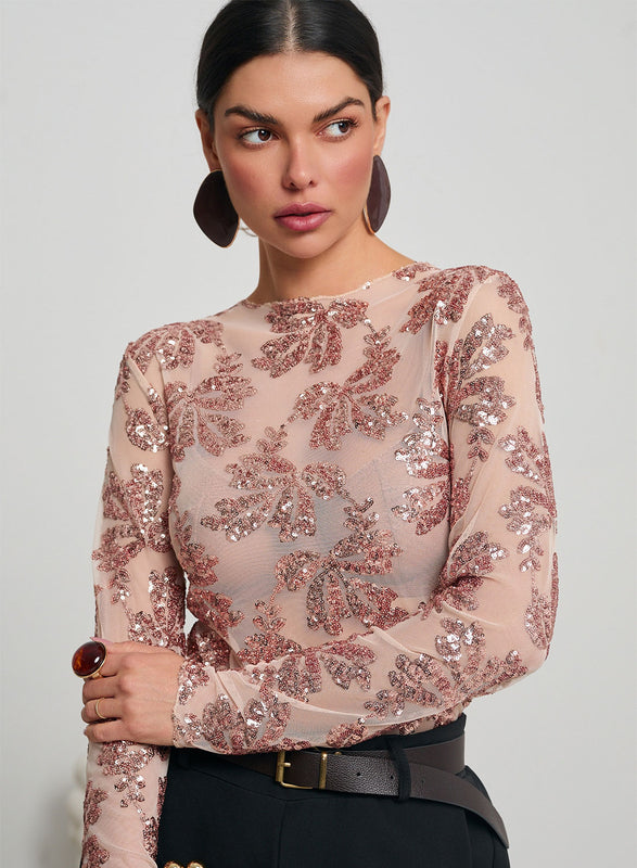 Maglia body nude trasparenti con dettagli in paillettes
