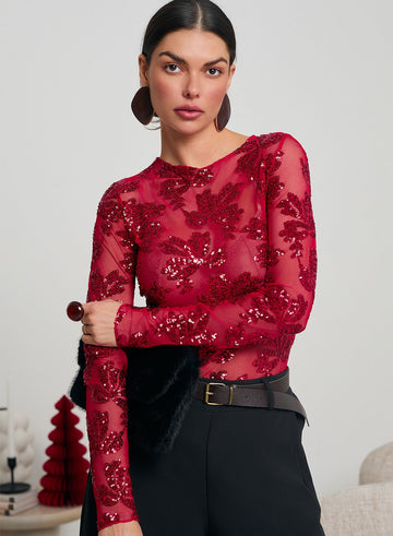 Red sheer bodysuit with sequin details