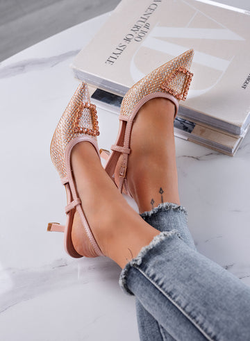 NAIMA - Escarpins nude slingback en tissu tressé avec boucle bijou