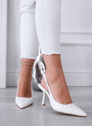 NAOMI - White Patent Pointed Toe Slingback Pumps with Heel