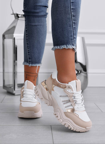 Sneakers bianche con inserti beige e oro