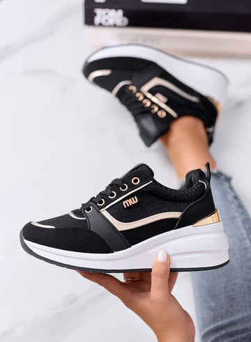 NATALIA - Black Platform Sneakers with Gold Inserts