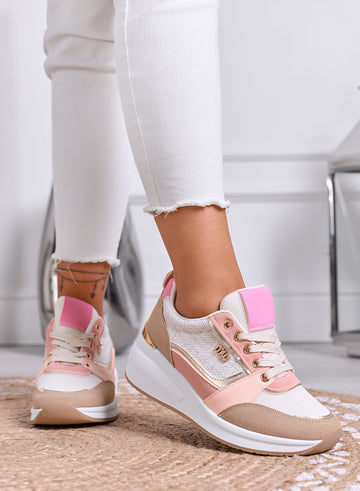 NATALIA - Pink and Beige Sneakers with Gold Inserts and Comfort Sole