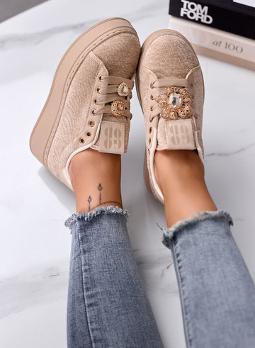 NINFA - Beige platform sneakers in laminated fabric with jewel embellishment