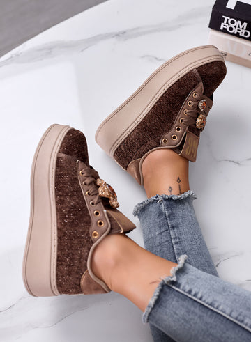 NINFA - Brown platform sneakers in laminated fabric with jewel embellishment