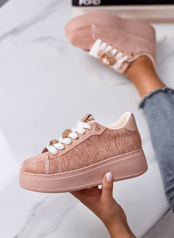 NINFA - Sneakers rosa platform in tessuto laminato e applicazione gioiello