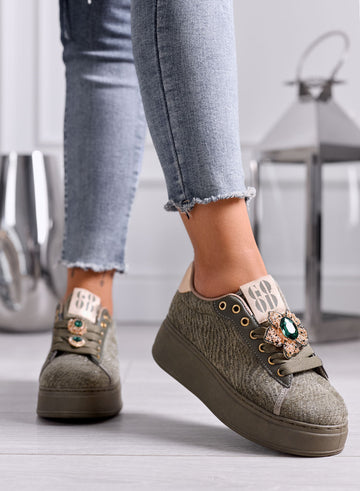 NINFA - Green platform sneakers in laminated fabric with jewel embellishment