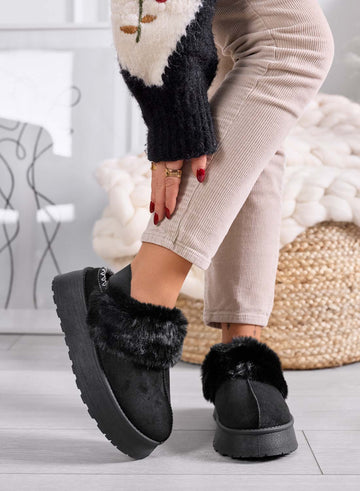 NITRA - Chaussons noirs rembourrés avec fausse fourrure et élastique à l’arrière