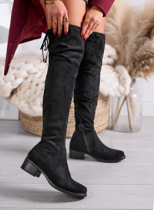 NIZZA - Bottes noires à mi-cuisse confortables avec talon bas