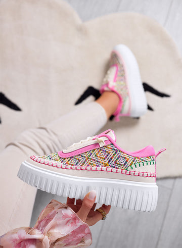 NUNZIA - Sneakers roses avec inserts en tissu multicolore