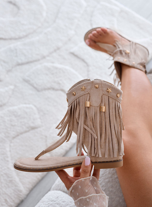 OLIVIA - Beige sandals with Fringes and Star Studs