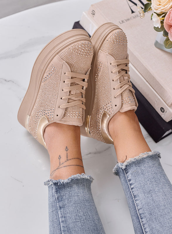 ORNELLA - Sneakers Donna Beige con Strass e Suola Platform
