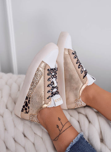 OSCAR - Baskets dorées avec empiècements léopard et paillettes
