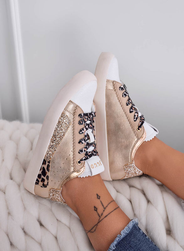 OSCAR - Baskets dorées avec empiècements léopard et paillettes