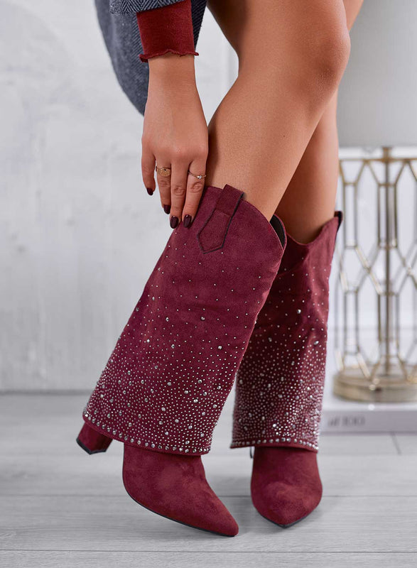 PAIGE - Bottes bordeaux style camperos avec strass