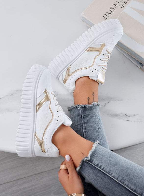 PAMELA - Baskets blanches à plateforme avec détails dorés