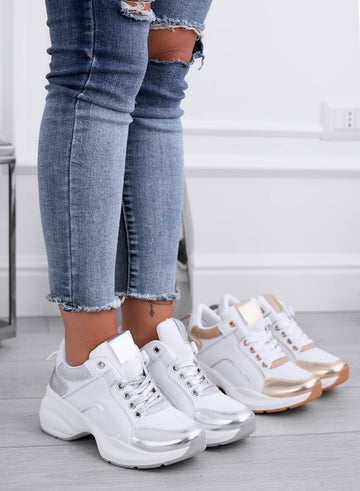 PATTY - Baskets blanches avec empiècements pailletés argentés