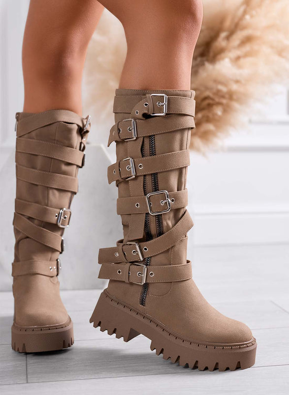 PEYTON - Bottes biker couleur boue avec boucles