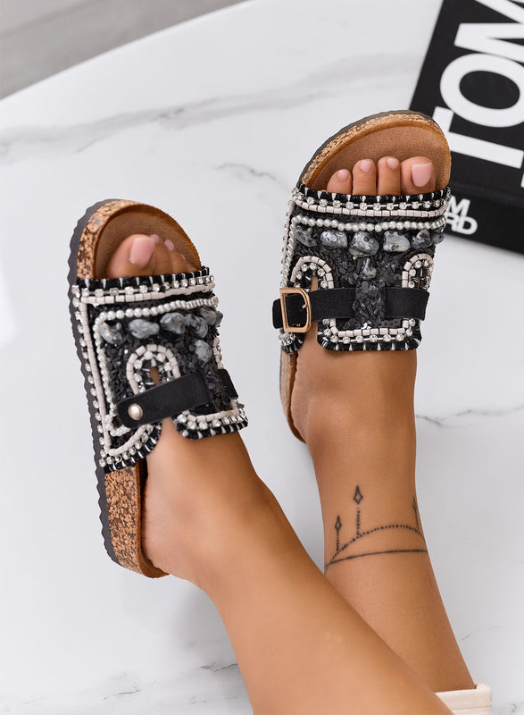 POLLY - Sandales mules noires avec applications et boucle dorée