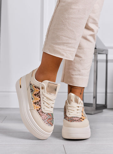 PRAGA - Sneakers beige platform con inserti in tessuto a fantasia