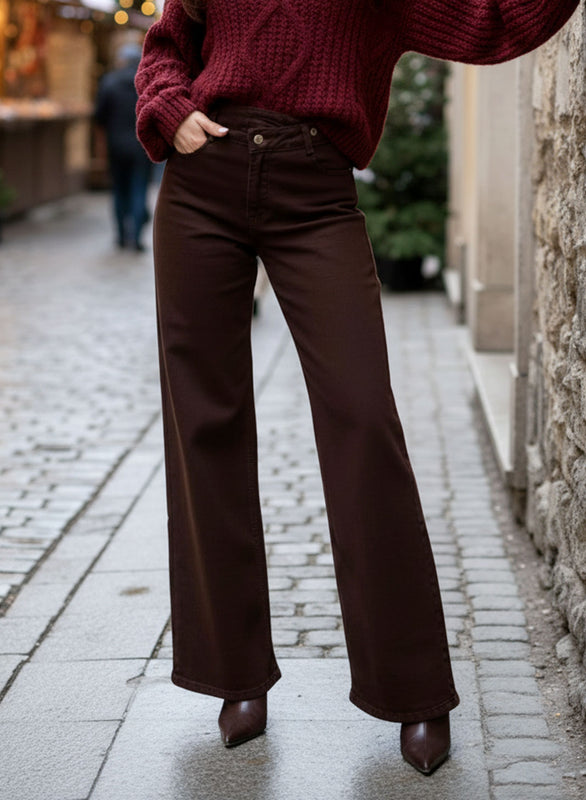 Brown Wide-Leg High-Waist Pants