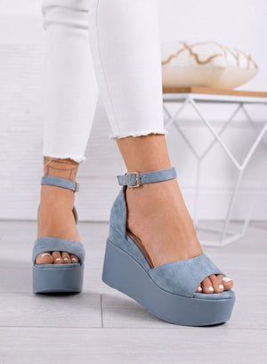 PENNY - Sandales plateforme bleu ciel en daim avec bride à la cheville