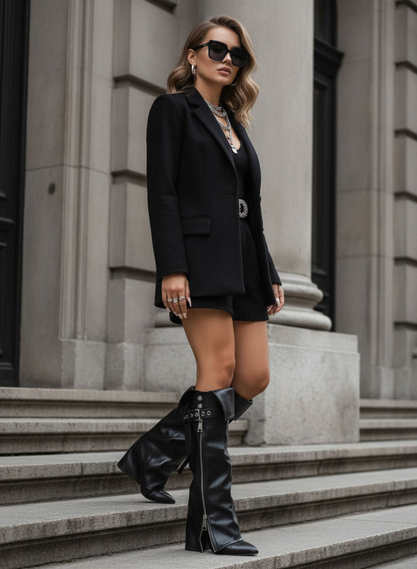 RACHELE - Botas altas negras con cremallera y hebilla estilo biker