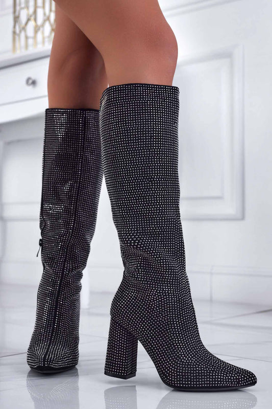 RAYLEE - Bottes bijoux noires avec strass et talon confortable