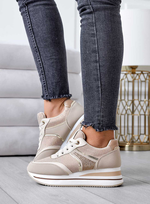 Baskets beiges avec empiècements pailletés