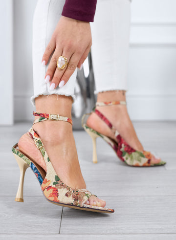 ROBERTA - Sandales beiges à motif floral multicolore avec talon et bride