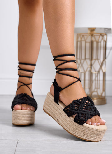ROBIN - Sandalias alpargatas negras con cuña y trenzado de macramé