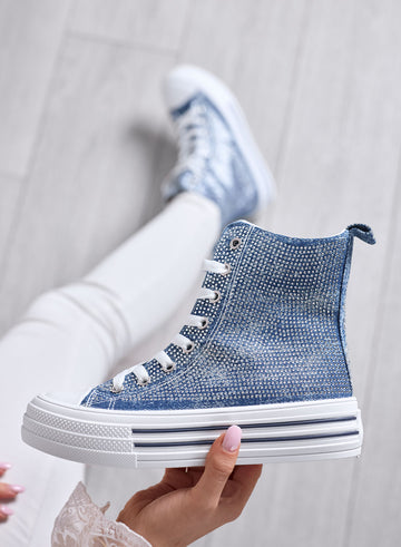 ROSALIA - High-Top Blue Jeans Sneakers with Rhinestones and Platform Sole