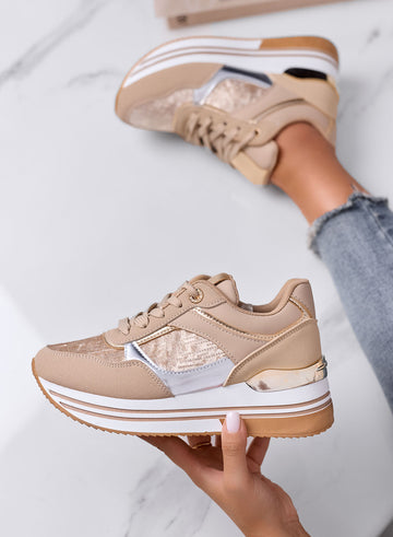 ROSSANA - Sneakers Beige con zeppa e Inserti Laminati