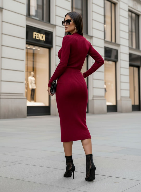 Burgundy knit dress with side slit and neckline