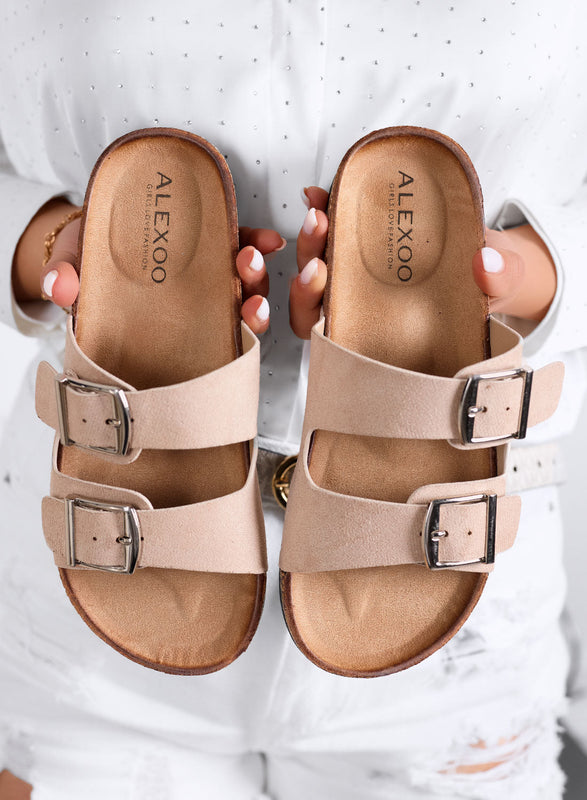 ROXY - Sandales mules beiges en suède avec boucles