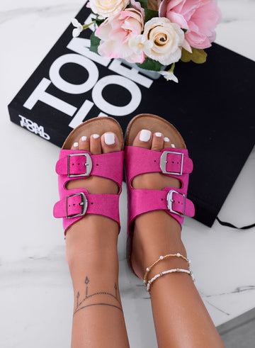 ROXY - Sandales mules fuchsia en suède avec boucles