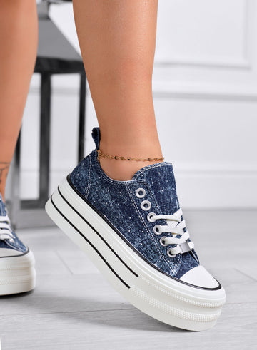 ROSINA - Baskets platform en denim bleu avec strass