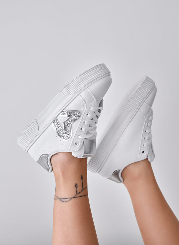 RUMBA - Baskets blanches avec empiècements pailletés argentés