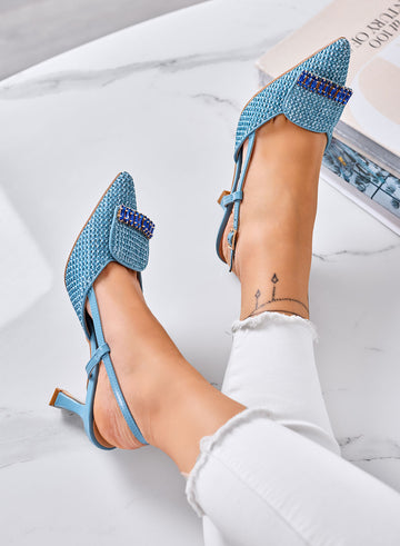 RUSH - Escarpins bleus Slingback tressés avec ornement bijou