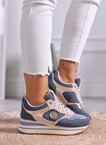 SABINA - Blue Platform Sneakers with Gold Laminated Inserts