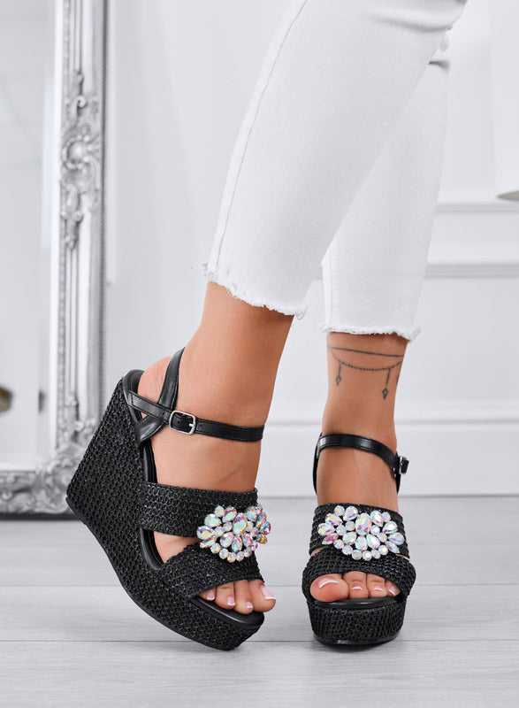 SABRINA - Black wedge sandals with ankle strap and maxi rhinestones