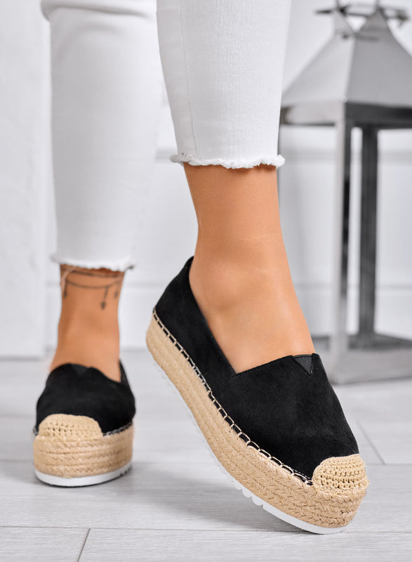 SAWANA - Black Platform Espadrilles in Faux Suede with Jute Toe