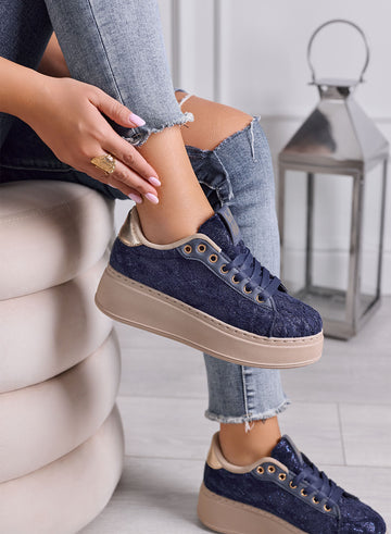 SERENA - Sneakers Donna blu con Pizzo e Suola Platform