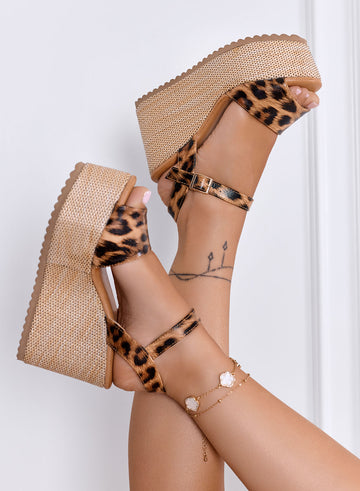 SERENITY - Leopard print wedge sandals with ankle strap