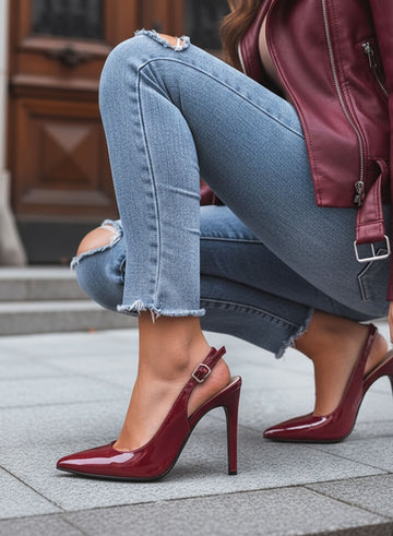 SHADOW - Décolleté bordeaux in vernice con cinturino slingback e tacco 12 cm