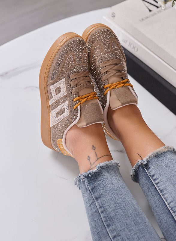 SIDNEY - Sneakers Donna fango con Strass e Dettagli beige