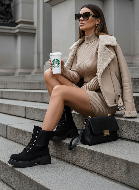 SIMONA - Botines negros tipo militar con cordones y vuelta de ante