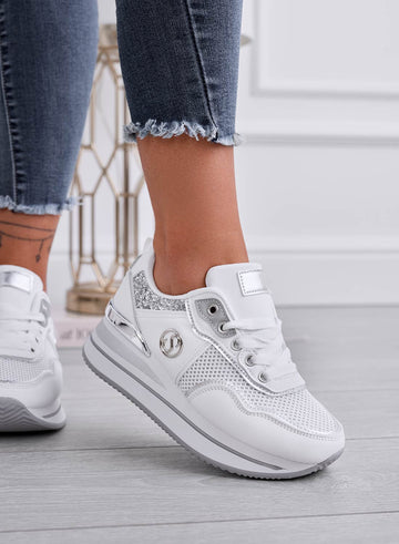 SMITH - Baskets blanches avec empiècements pailletés argentés